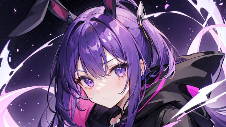 Female brat, black hoodie, purple hair, rabbit ears, full moon