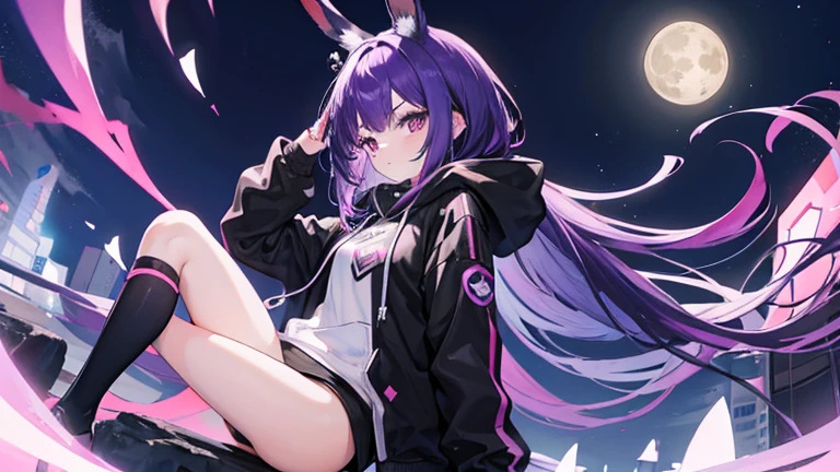 Female brat, black hoodie, purple hair, rabbit ears, full moon