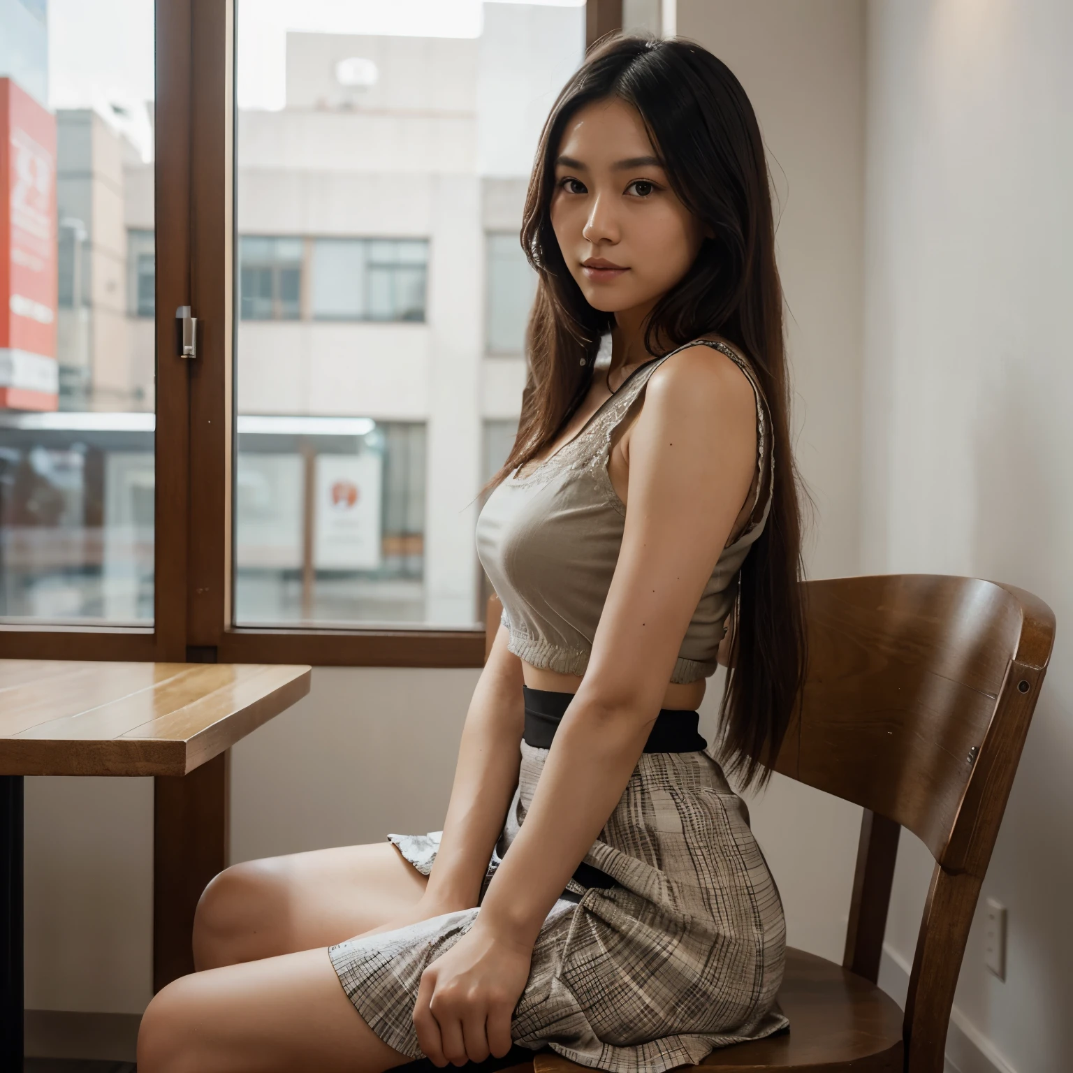photo of black hair female, natural skin, realistic skin, beautiful refined oily skin, real skin texture, sharp face lines, skinny face, beautiful slim face, black long hair, beautiful dimples cheeks, slim beautiful japanese face, beautiful face, beautiful nose, masterpiece, high resolution, 21 years old, busty female, american mixed japanese ethnic female, At a downtown café, seated outside, in a classy midi skirt and a delicate lace top, sipping espresso, a soft smile with a subtle yet inviting gaze