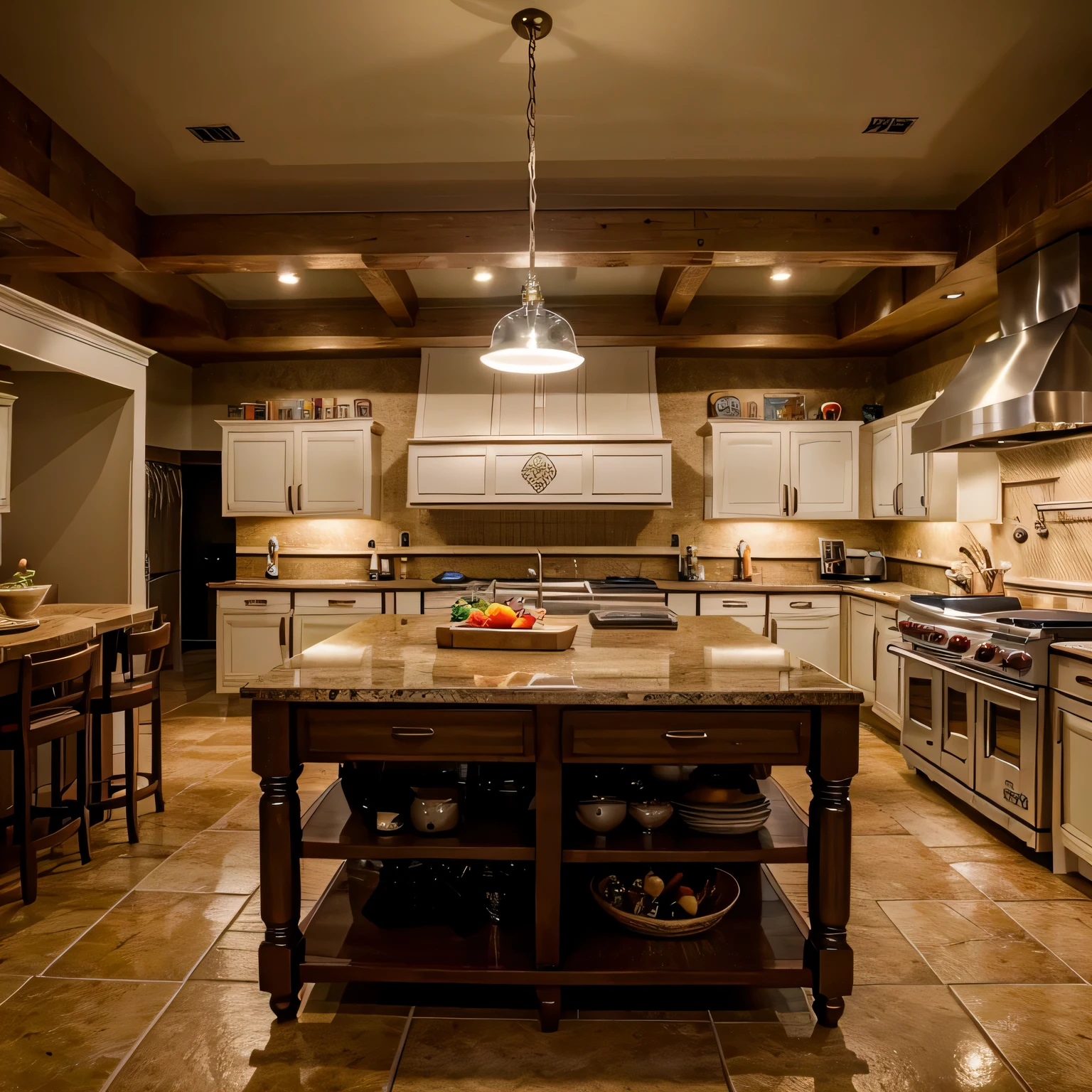The fully lit kitchen island with the camera panning out to showcase the entire kitchen