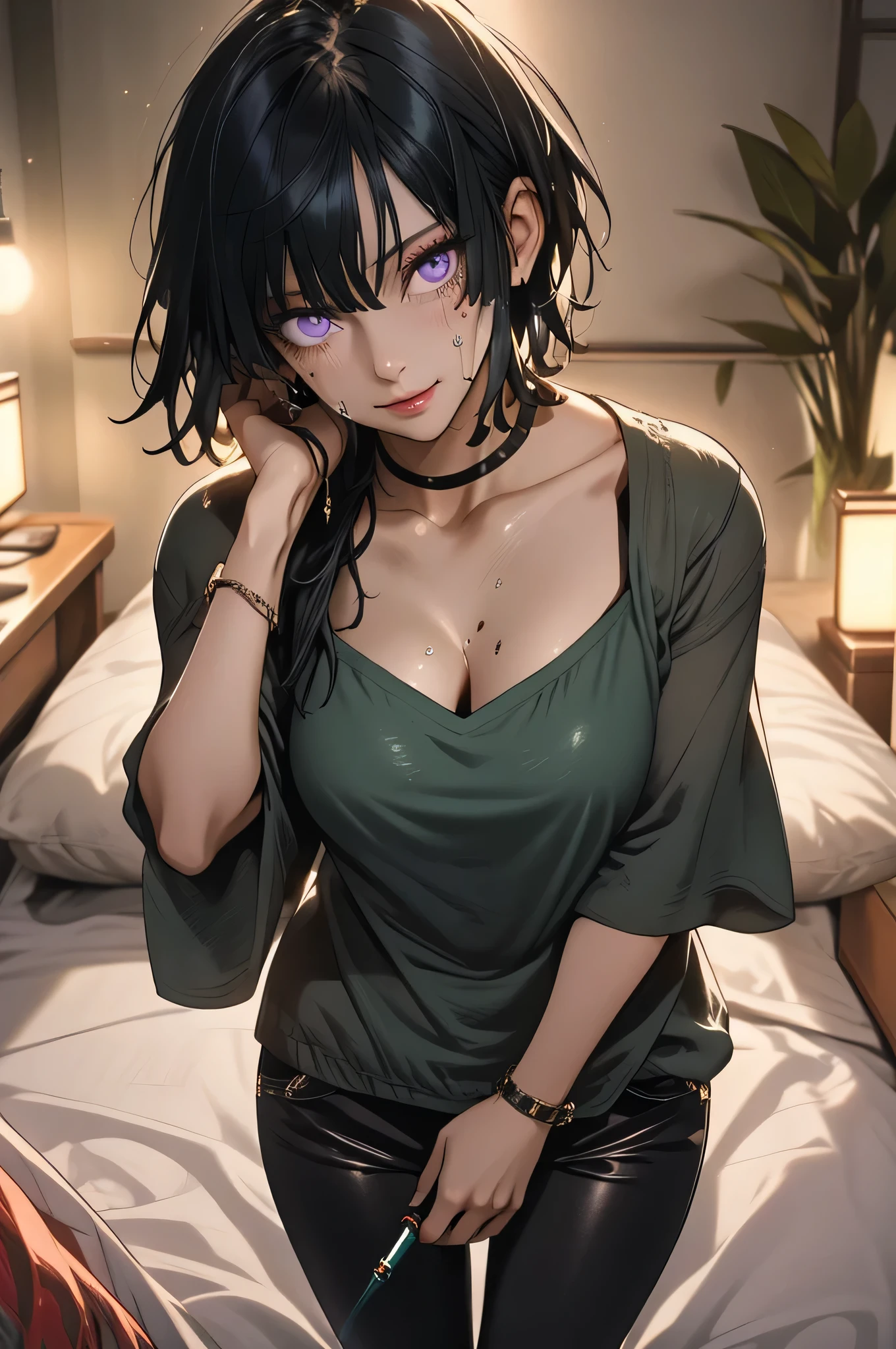 anime style, Movie Portrait Photography, 1 female, 30 years old, Full body Esbian, dark purple hair,1 Fubuki, nature, Japan environment, chest, Open armpits, purple eyes, red background eyes、sit and do eye makeup, japanese bedroom, black hair, night light, moonlight, black bra,black pants、white cardigan、 sweating, in front of the camera,neckline,smile,peek from below、Angle adjustment、perfect body ,green hair,casual clothes, street wear,(((masturbation)))、Pants dig into、大きなchest, sexy pose,((scruffy appearance)),shorts、T-back,dirty room,can of alcohol,(natureな肌の質感 鮮やかな詳細, surreal, (realistic detailed eyes, natureな肌の質感, realistic facial details), soft and dramatic lighting,Bright theme、Rainbow Colors theme
