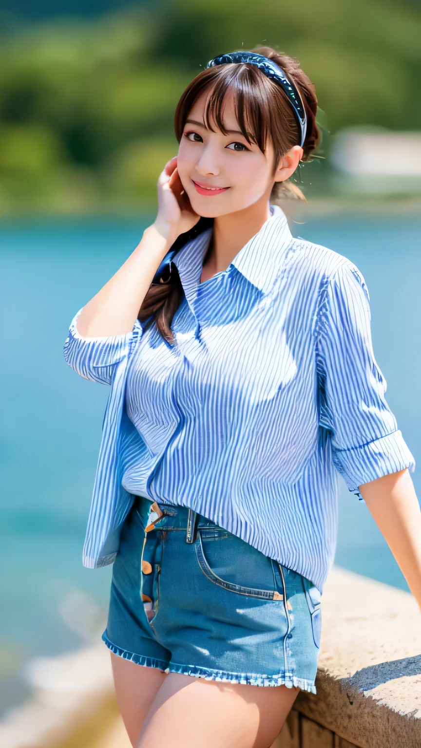 (realistic, photo-realistic:1.4), (extremely detailed 8k wallpaper), bokeh, detailed beautiful eyes and skin, (Image from thighs to head:1.3), Canon R5 50mm, (Japanese idol:1.4), 25yo, beautiful woman, smile, large breast, Casual striped button-down shirt with khaki shorts, Relaxed, Everyday, Lakeside picnic, Clear blue skies,