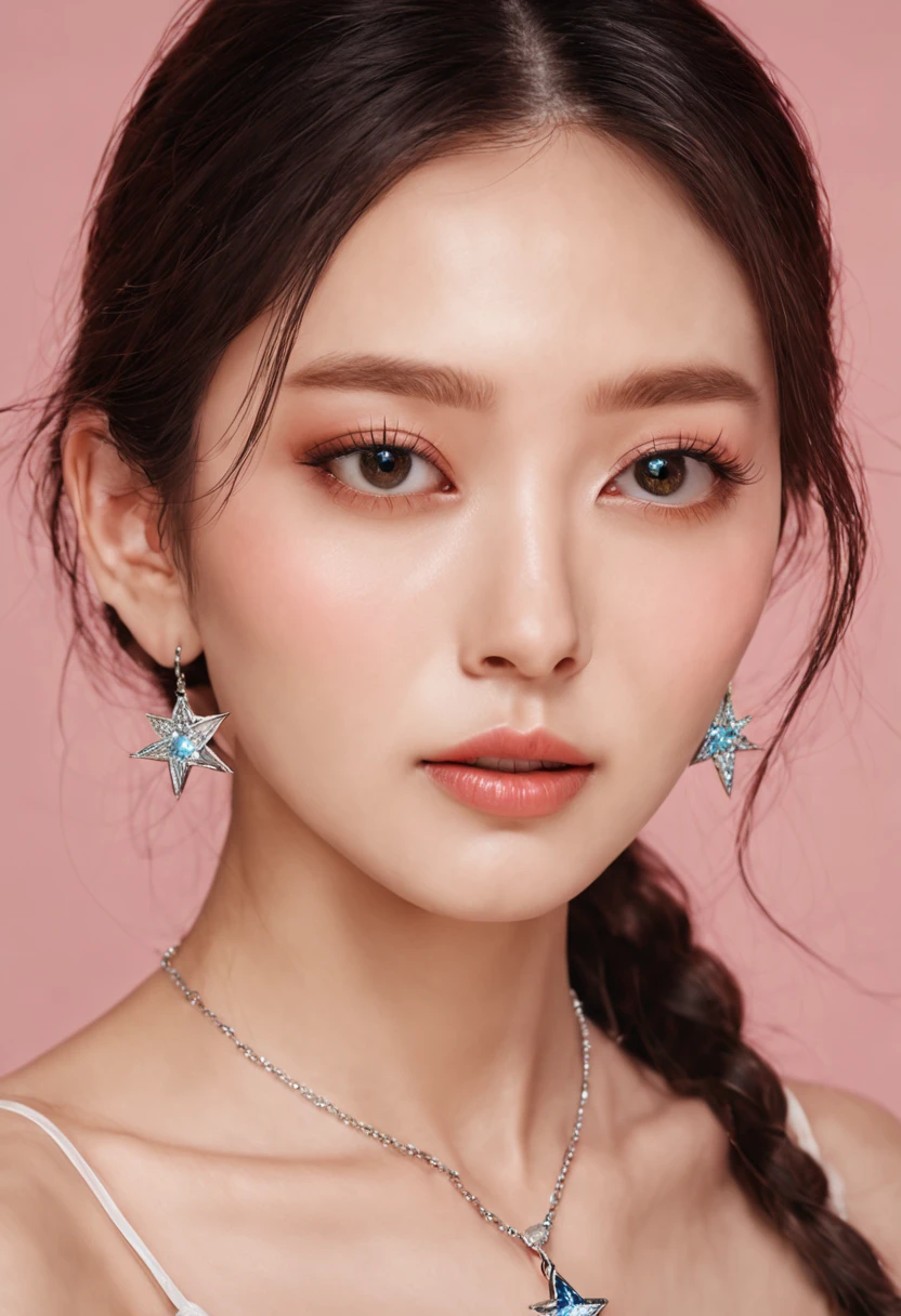 a woman with a wearing very delicate necklace with star and Moon Pendant from Swarovski around her neck, adorable Korean face, beautiful aesthetic face, with cute eyes, popular South Korean makeup, CG unity (extreme) detail 8K wallpaper, masterpiece, best quality:1.2), high detail, best image quality, surreal, double, soft makeup, close to the viewer, side-by-side camera angle.