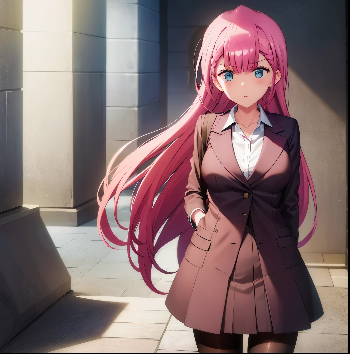1girl, alone, mafuyu kirisu,masterpiece, best quality, highres, long hair, pink hair, blue eyes, red skirt, jacket, hair between eyes, braid, skirt suit, long sleeves, black pantyhose, white shirt, brown pantyhose, collarbone, large breasts, , standing, from behind, ass, panties under pantyhose,large breasts, medium waist, wide hips, medium thighs,