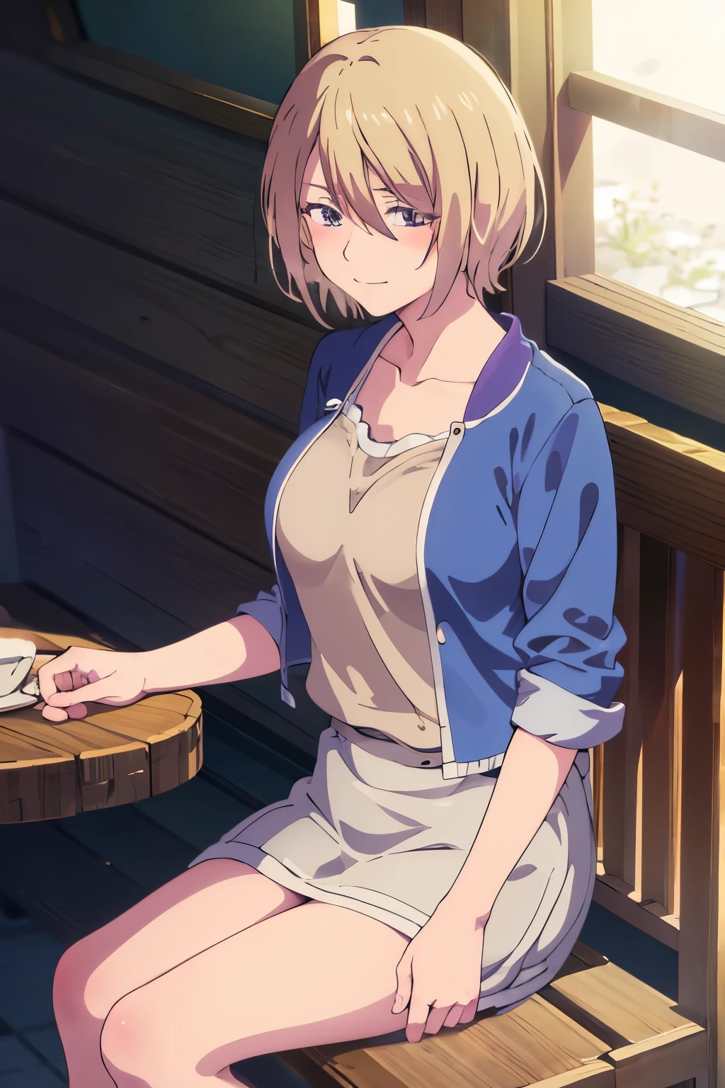 Akane CT, sitting, shy, embarrassing, blush, smile, Cafe, arm on table, highest quality, masterpiece, High resolution