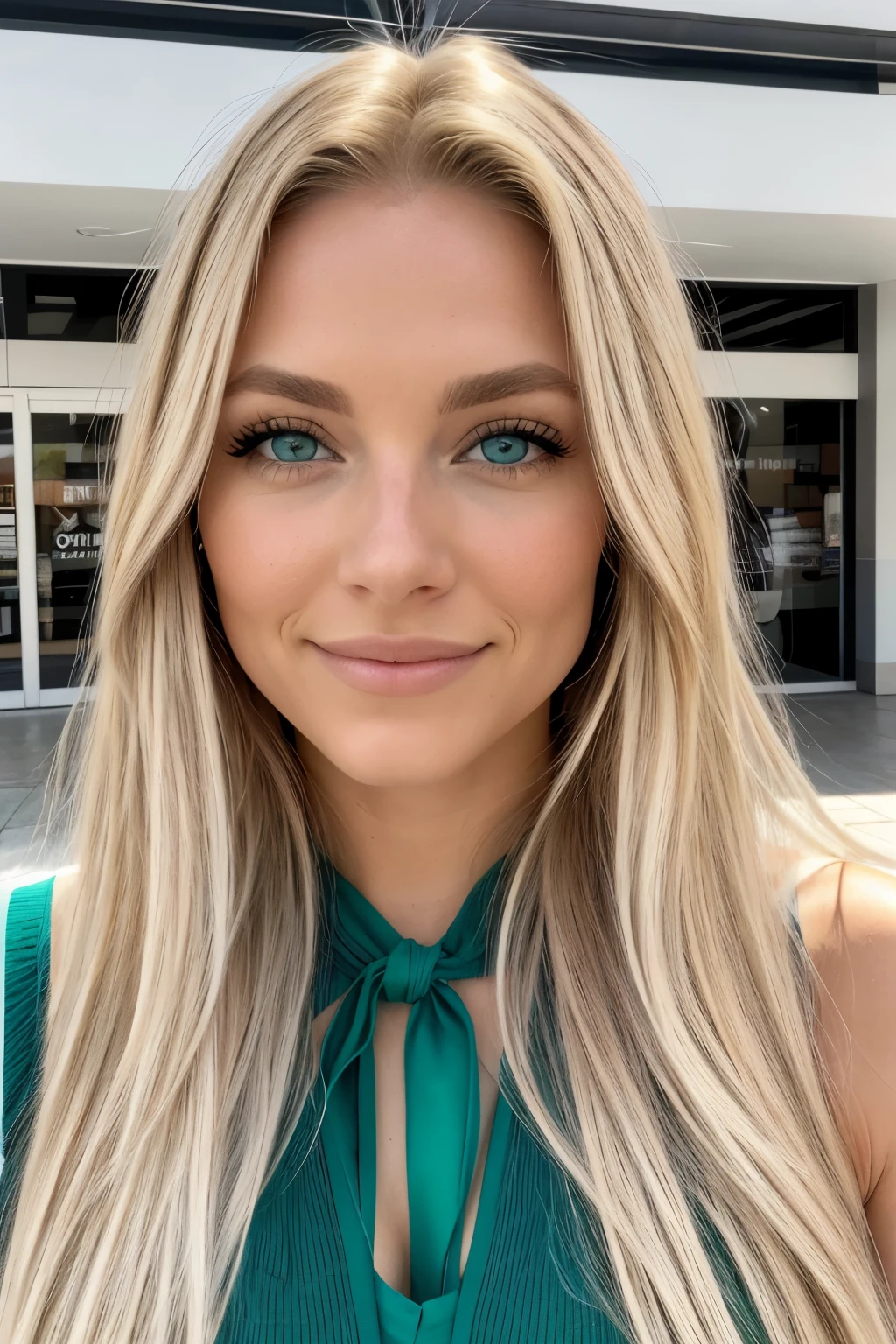 18 year old blonde young woman with long hair and green eyes posing for a photo, cabello rubio y ojos grandes, long cabello rubio y ojos grandes, pelo largo y rubio y ojos grandes, pelo rubio ojos verdes, Chica sexy con ojos verdes, imagen de perfil, bright ojos verdes precisos, ojos verdes claros, ojos verdes precisos, en una plaza comercial.