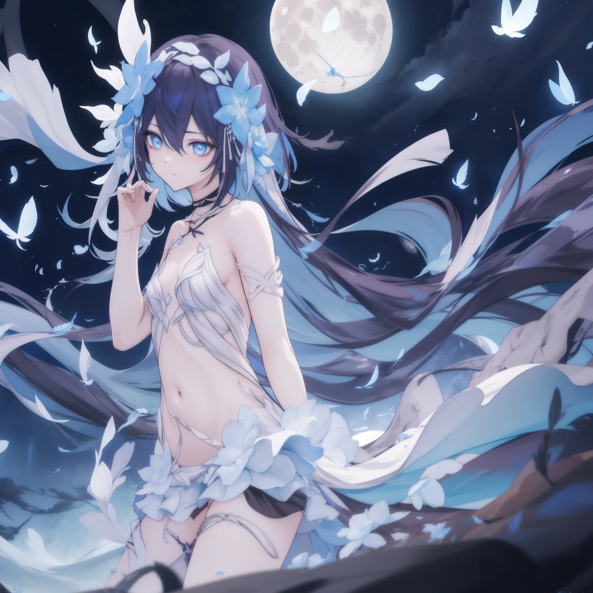 ((A close up shot)) of a anime girl, (standing in the moon), cinematic light, slim body with curves, skin perfectly white, soft, and smooth, ((no nsfw)), Extremely delicate and beautiful CG illustration, best quality, high resolution, dynamic angle, full-length lens, (1 girl), floating, soft light, high-key lighting), glowing light, blue aura, feathers fluttering background, blue crystal