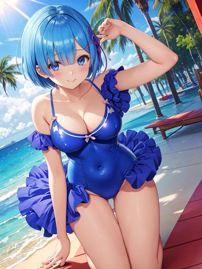 masterpiece, best quality, ultra-detailed, 1 girl、Rem、Re:zero、blue hair、short hair、 super fine illustration、美しいseductive anime girl、Super detailed、smile、beautiful bluish eyes、beautiful proportions、gentle expression、seductive anime girl、Glossy skin、Transparent 、Red swimsuit、strong sunlight、seaside、beach,red school swimsuit 、High leg、sex