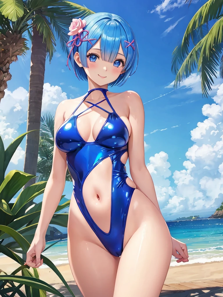 masterpiece, best quality, ultra-detailed, 1 girl、Rem、Re:zero、blue hair、short hair、 super fine illustration、美しいseductive anime girl、Super detailed、smile、beautiful bluish eyes、beautiful proportions、gentle expression、seductive anime girl、Glossy skin、Transparent sex、Red swimsuit、strong sunlight、seaside、beach,red school swimsuit 、High leg、sex