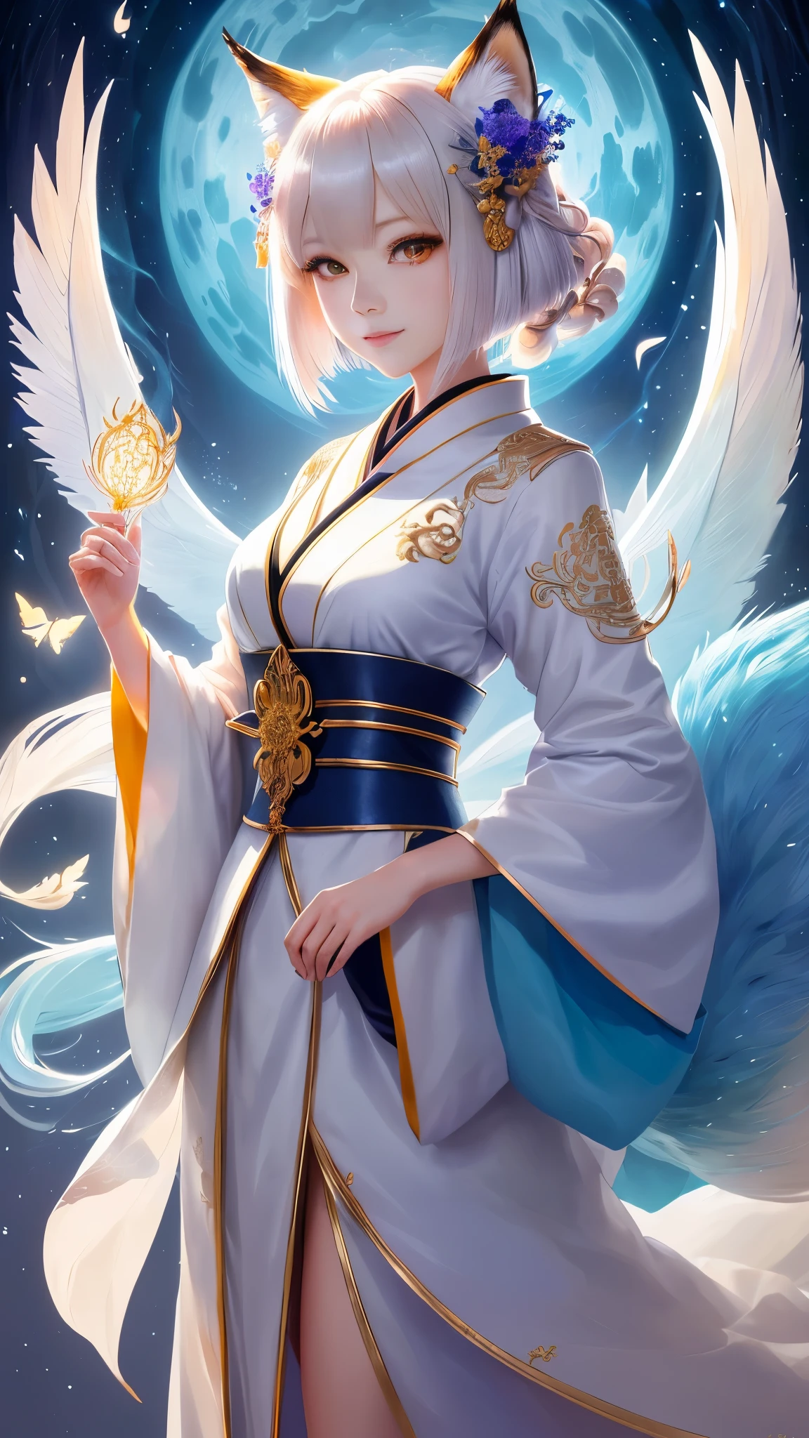 masterpiece , best quality, Close-up,Beautiful short hair, masterpiece, beautiful details, colorful, delicate details, delicate lips, intricate details, genuine, ultrargenuineista, 枝に座っている色とりどりの髪のFoxを持つ女の子:Mature, light makeup, ,色とりどりのFox, raposa de nine tails, 三尾Fox, 三尾Fox, onmyoji detailed art, beautiful fine art illustration, mythical creatures, Fox, beautiful digital art,shrine maiden,japanese architecture,hold hands,exquisite digital illustration, mizutsune, Inspired by mythical wild web creatures, pixiv in digital art, shining light, high contrast, Mysterious,枝に座っている色とりどりの髪のFoxを持つ女の子,front,looking at the camera