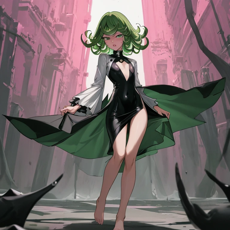 {{{tatsumaki}}}, {one punch man}, 
{{{{amazing quality, great quality, high quality, very aesthetic, aesthetic, best quality}}}}, 
realistic, photo, shadow, Three-dimensional, absurdres, Digital art, 
{{{{Magical girl}}}}, beautiful girl, one girl, 
green hair, shiny hair, green eyes, slanted eyes, big eyes, round eyes, 
{{flat chest}}, {{small breasts}}, {{detailed body}}, slim thighs, thin thighs, 
black tight dress, long skirt, {{side slit skirt}}, {{skirt with pointed hem}}, 
sleeves are wide open, {{{collar up, raise one's collar, dress that opens to the chest}}}, 
A trench coat-like dress with an upturned collar
black high heels, bare hands, {{{barefoot}}}, don't wear tights, 
No panties, no bra, distress, resistance, defeat, inferiority, absurdres, aroused, sexual pleasure, troubled face, shy, 
orgasm, sensitive body, Sweat, trembling, torn clothes, wet clothes, melted clothes, transparent clothes, damaged clothes, big monster, pink monster, cute monster, monster attack the girl, 

