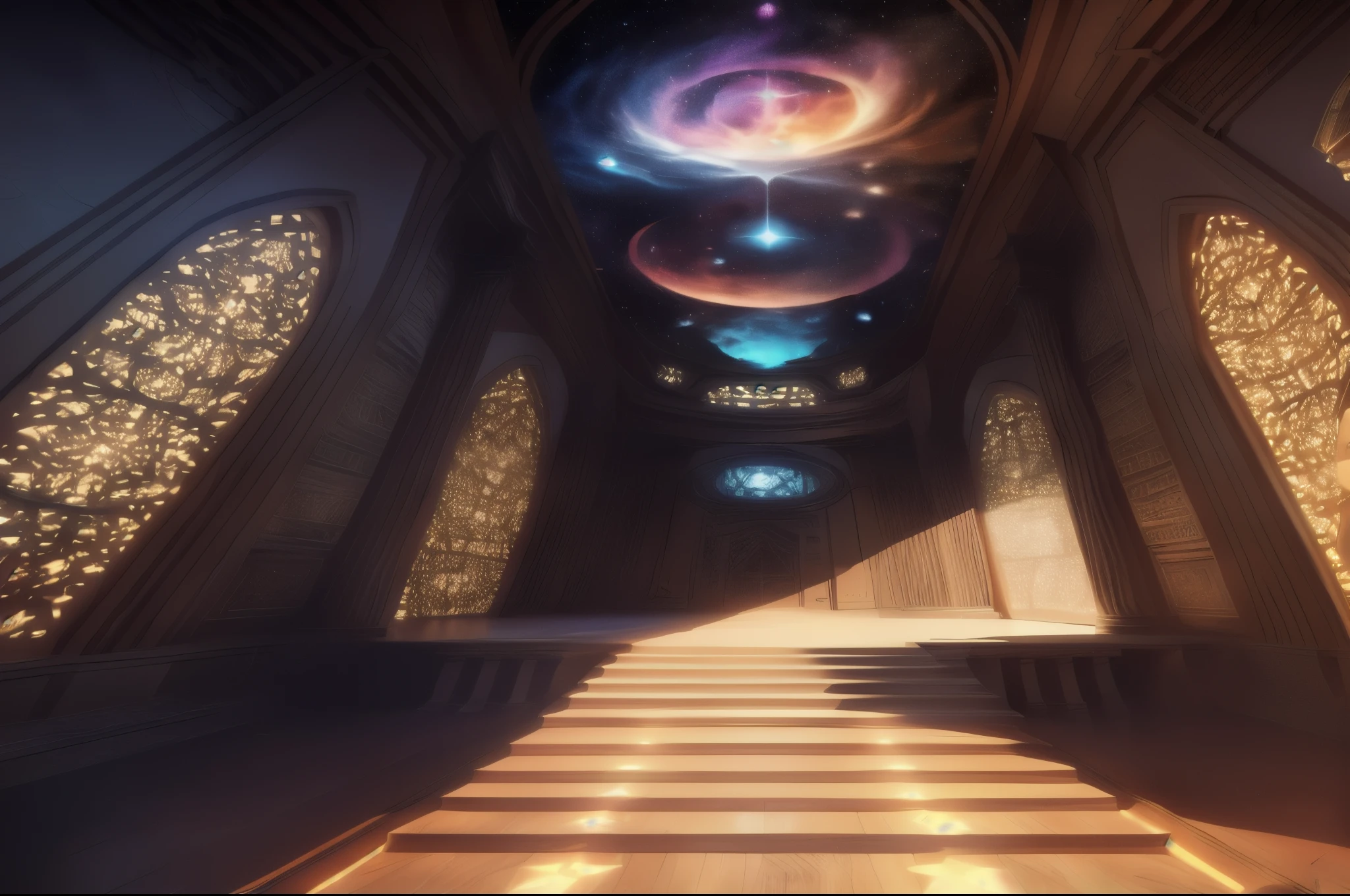 there is a stairway leading to a large building with a sky view, galactic temple, cyberpunk mosque interior, infinite celestial library, beautiful space, stuning fantasy 3 d render, entrance to ethereal realm, stunning arcanum backdrop, dramatic lighting. concept art, volumetric lighting. fantasy, inside her surreal vr castle, 3 d render beeple, unreal engine fantasy art