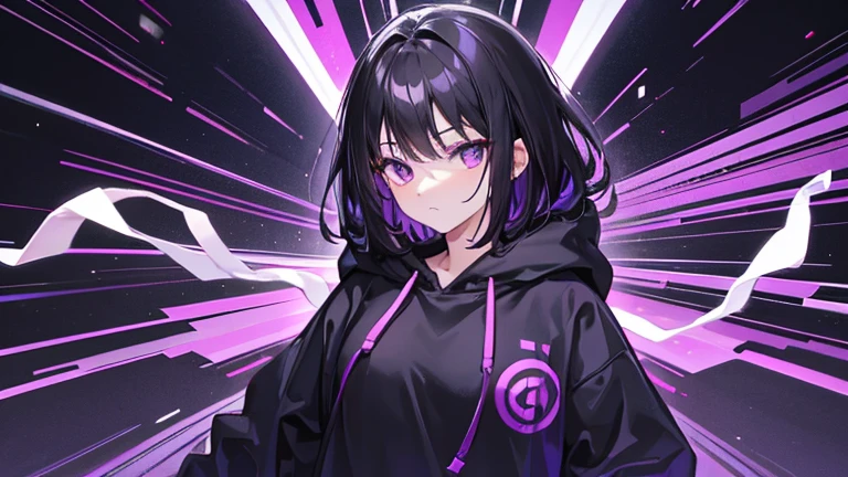 Black hoodie, black hair, purple inner color, whole body, 1 person, woman
