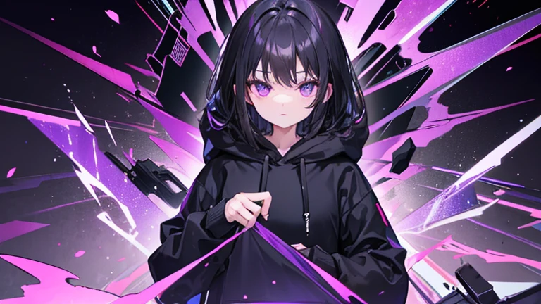 Black hoodie, black hair, purple inner color, whole body, 1 person, woman