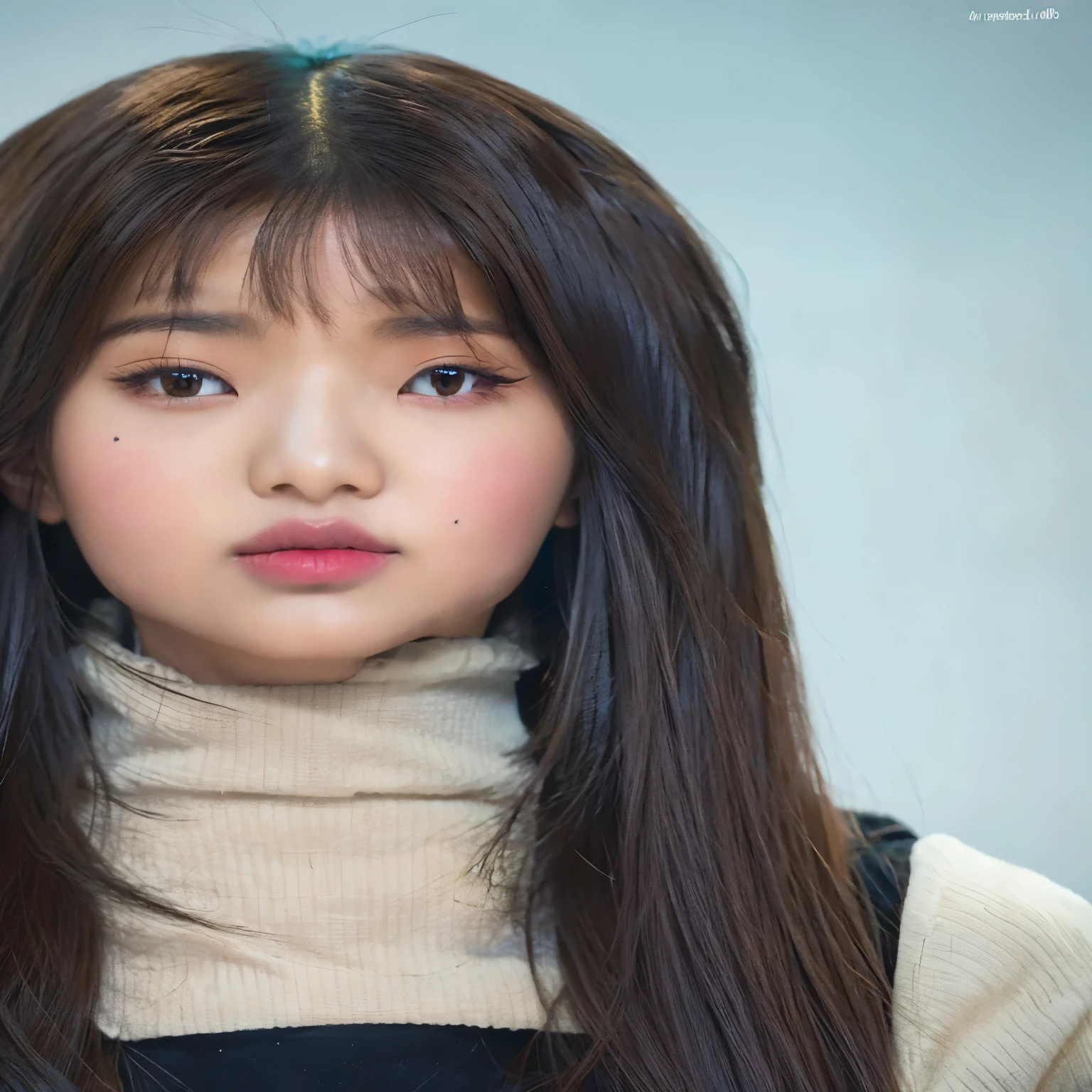 Arafed Asian woman with long black hair and a turtleneck sweater., joven y adorable rostro coreano, Young cute pale asian face, rasgos de la cara coreana, detailed face of an asian girl, female korean idol portrait, Retrato suave 8 K, ella tiene el pelo negro con flequillo, cabello limpio con flequillo, muchacha coreana, Southeast Asian with round face