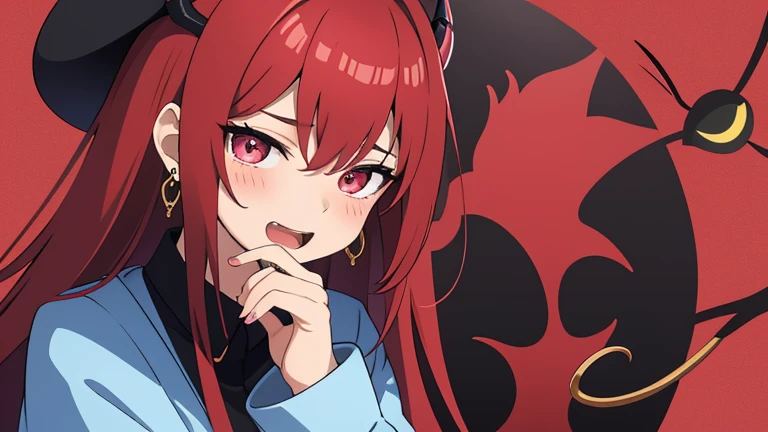 masterpiece、best quality、1 girl、Upper body、Demonic、laugh at、blush、open your mouth、tooth、stylish earrings、ring accessories、Put your hands on your face、put one's hand forward、spider pattern background