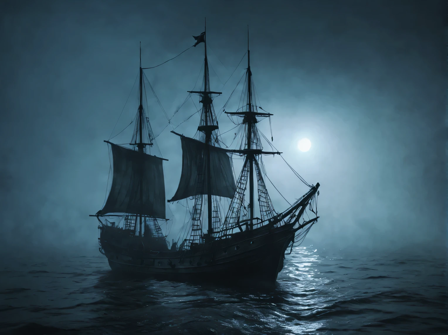 realistic cinematic shot, sea, tranquility, old dilapidated gloomy sailing ship of dead skeleton pirates, fog, ghostly light comes from the fog, silhouettes of ghosts and nightmarish creatures are visible in the fog, nasty, scary, high detail, hyperrealistic, 8K