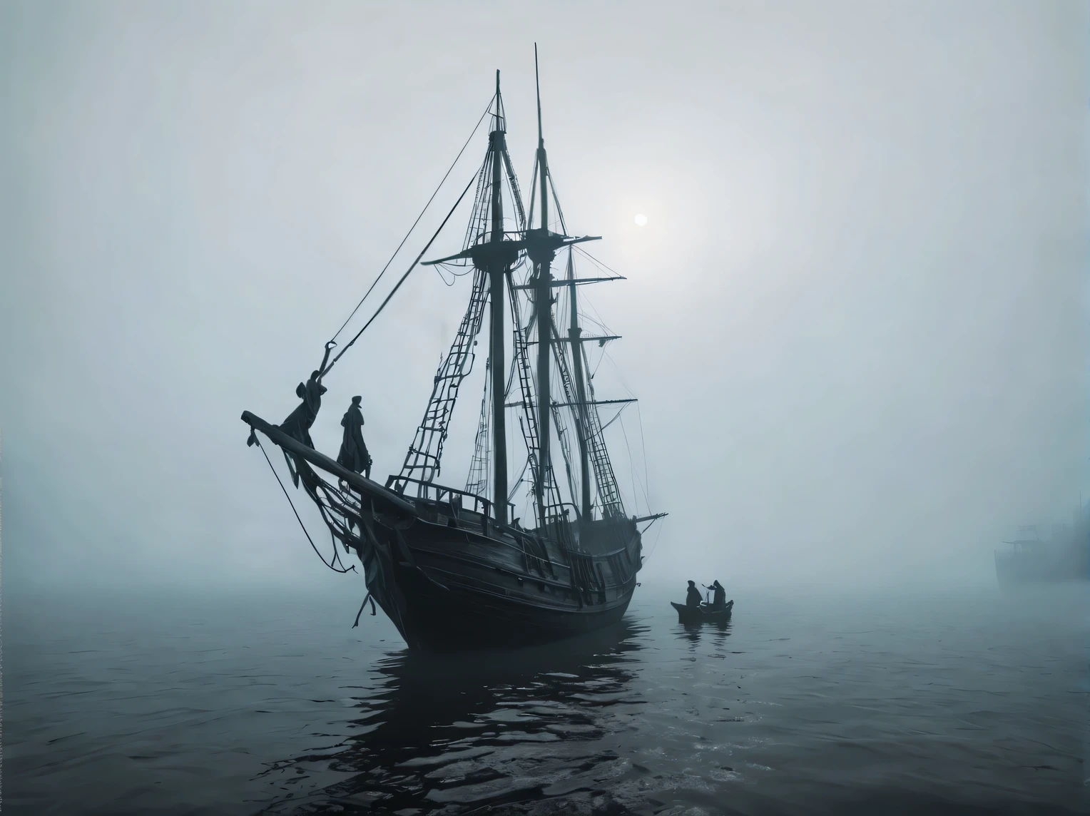 реалandстandчный кandнематографandческandй кадр, sea, спокойствandе, old (ветхandй мрачный:1.5) sailing boat (мертвые скелеты-пandраты:1.9), (fog:1.4), (ghostly light coming from the fog:1.6), visible in the fog (сandлуэты прandзраков:1.5) and (nightmarish:1.5) Creatures, (протandвный:1.9), (scary:1.9), высокая деталandзацandя, Гandперреалandстandчный, 8K