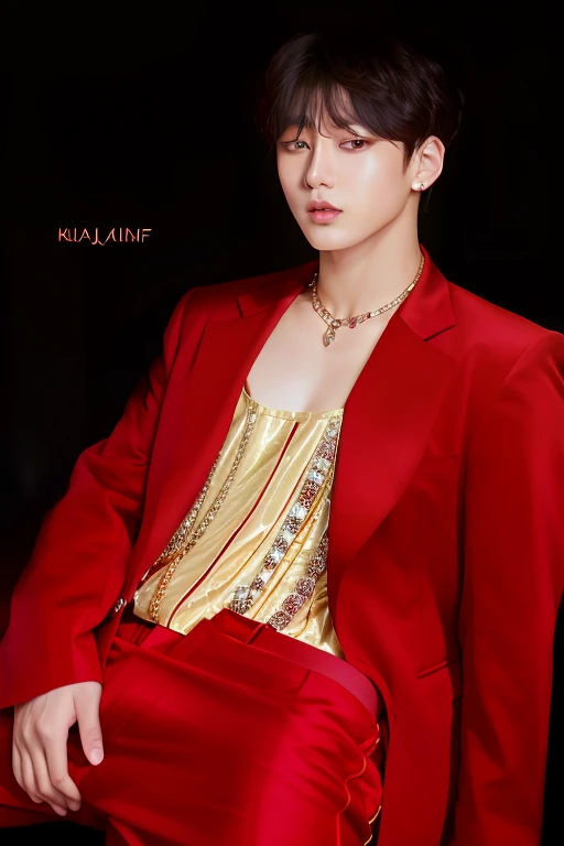 arafed image of a man in a red suit and gold shirt, inspired by Bian Shoumin, cai xukun, l vampire, inspired by Zhang Han, kim doyoung, red cloth around his shoulders, jinyoung shin, hyperreal phantastic, inspired by jeonseok lee, leaked image, official photo, shin jeongho, taejune kim