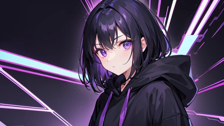 Black hoodie, black hair, purple inner color, whole body, one person, woman, plain background
