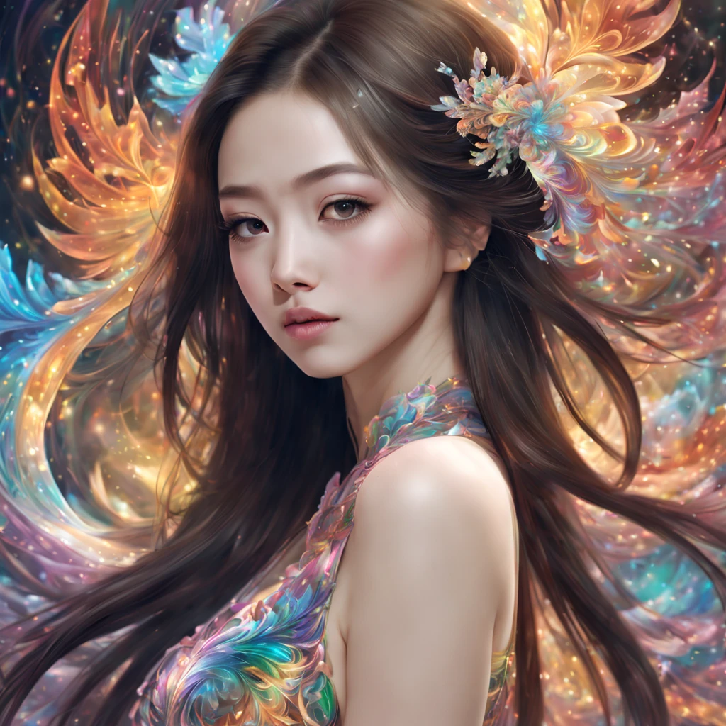 (masterpiece, top quality, best quality, extreme detailed, highest detailed, official art, beautiful and aesthetic:1.2), (1 super beautiful chinese girl), (upper body:1.2),(fractal art:1.3),colorful,