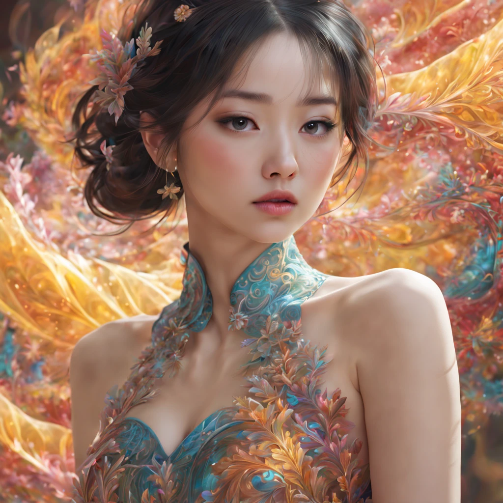 (oil painting:1.5), (NSFW:1.2), 1girl laying, feature, sexy expressions , Ambilight, slender waist, (splash, brushwork:1.5),double exposure, fussion of fluid abstract art,(original illustration composition),( fusion of limited color, maximalism artstyle, geometric artstyle) Incorporate vibrant colors, dynamic brushstrokes, and intriguing textures to capture the essence of the subject's inner world