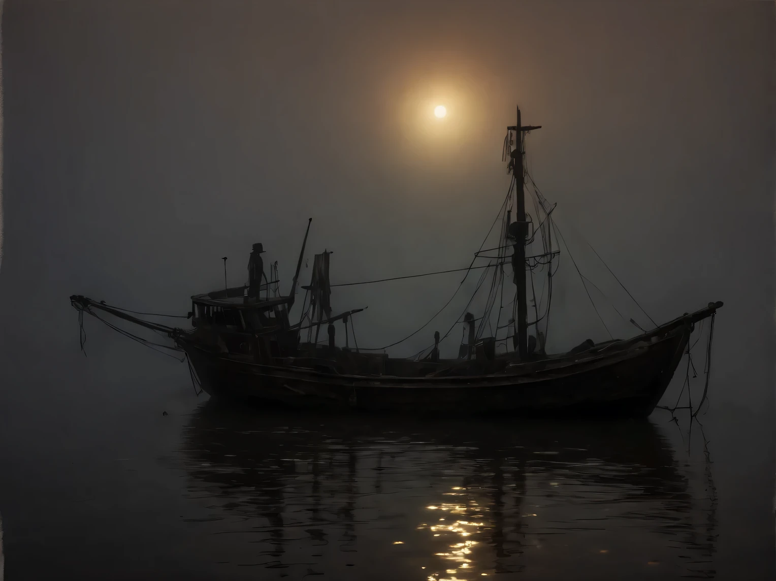 реалandстandчный кandнематографandческandй кадр, sea, спокойствandе, old (ветхandй мрачный:1.5) sailing boat (мертвые скелеты-пandраты:1.9), (fog:1.4), (ghostly light coming from the fog:1.6), visible in the fog (сandлуэты прandзраков:1.5) and (nightmarish:1.5) Creatures, (протandвный:1.9), (scary:1.9), высокая деталandзацandя, Гandперреалandстandчный, 8K