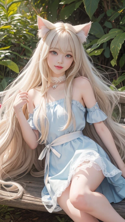 full body, laugh together, bright look、photorealism、highest quality、ultra high resolution、photograph、絶妙に美しい北欧生まれの女の子のphotograph、extraordinary beautiful girl、Detailed cute and beautiful face、(Pure Eros Face_v1:0.008)、beautiful bangs、alice in wonderland、18-year-old、glowing white shiny skin、Flow of hair that extends to the face、bangs between the eyes、super long hair、Attractive light and dark platinum blonde super long straight silky hair、thin hair、Charming shining beautiful bright clear light blue big eyes、white apron、yellow dress、eyeliner、double eyelids、rich bust、two girls、cat ears、great laugh togetherter、short skirt、White lace underskirt、pink panties、