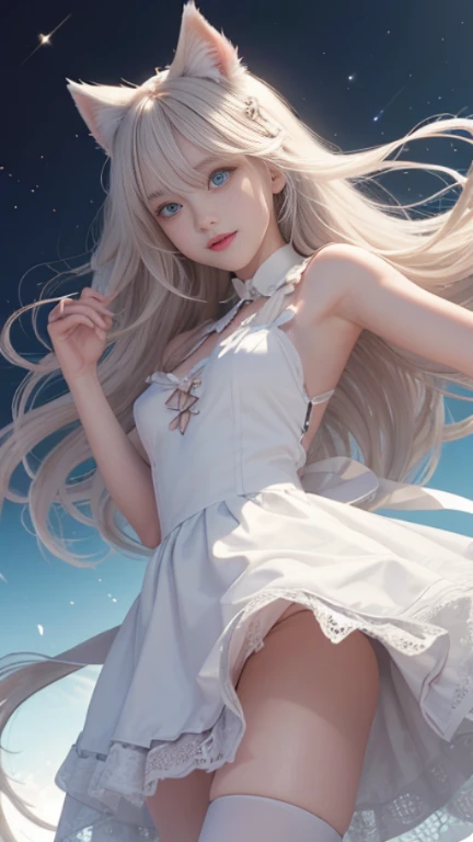 full body, laugh together, bright look、photorealism、highest quality、ultra high resolution、photograph、絶妙に美しい北欧生まれの女の子のphotograph、extraordinary beautiful girl、Detailed cute and beautiful face、(Pure Eros Face_v1:0.008)、beautiful bangs、alice in wonderland、18-year-old、glowing white shiny skin、Flow of hair that extends to the face、bangs between the eyes、super long hair、Attractive light and dark platinum blonde super long straight silky hair、thin hair、Charming shining beautiful bright clear light blue big eyes、white apron、yellow dress、eyeliner、double eyelids、rich bust、two girls、cat ears、great laugh togetherter、short skirt、White lace underskirt、pink panties、