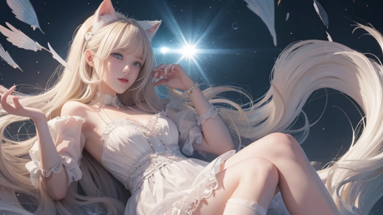 Cute with a cat motif Lots of silver stars and rivers twinkling Glitter and seductive Galaxy like a jewel box You can also see large galaxies and the Milky Way shine beautful view Cute cat-eared girl
