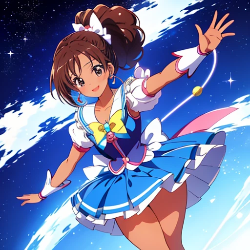 anime, magical girl, happiness charge precure, pretty cure, brown skin, African american, giant braided ponytail winds swings around, blue skirt with winding pleats, brooch on chest, thick curly ribbons from bottom of brooch, black and white top, left arm pointing overhead, right arm pointing forward, 1girl, smile, (magical, magnificent, masterpiece:1.3)