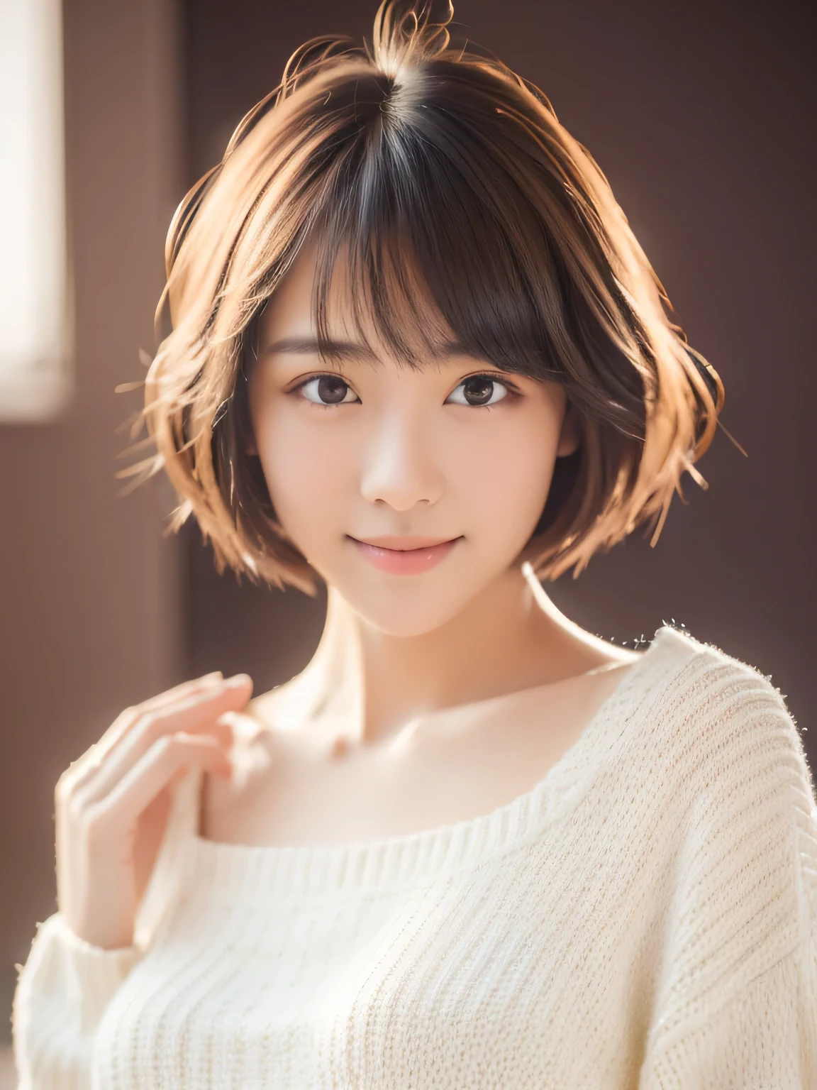 (masterpiece, highest quality, RAW photo, realistic:1.2), smile, beautiful girl, cute, delicate girl, short hair, written boundary depth, High resolution, Super detailed, detailed, 非常にdetailedな目と顔, realistic student, sharp focus, cinematic lighting, Upper body, bangs, knit sweater,