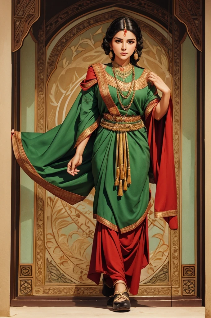 Female, Tajik cultural outfit, 1930's clothing style, 5 foot 5 inches tall, slim body build, waist-length wavy brunette black hair, bright green eyes, 28 age, ethnicity indian, ethnicity middle eastern.ethnicity Tajik.