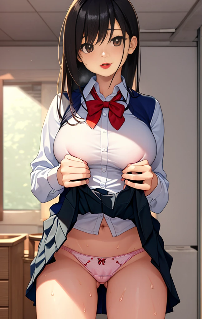 nsfw, RAW photo, best quality, high res, photorealistic, japanese girl, 1woman,(multiple girls), model, large breasts, standing, ((thin thighs)), diagonal bangs, cute face, shiny skin, beautiful body, beautiful skin, focus , from below naked, (school uniform, reed bowtie,beautiful embroidery, (using hands to skirt lift:1.3) ,visible panties,Ikuta Erika, in abandoned house,faint light,messy room,many garbage bags,trash,stains on wall ,
(((vignetting,close to viewer))),(((red lips))),((sweat)),