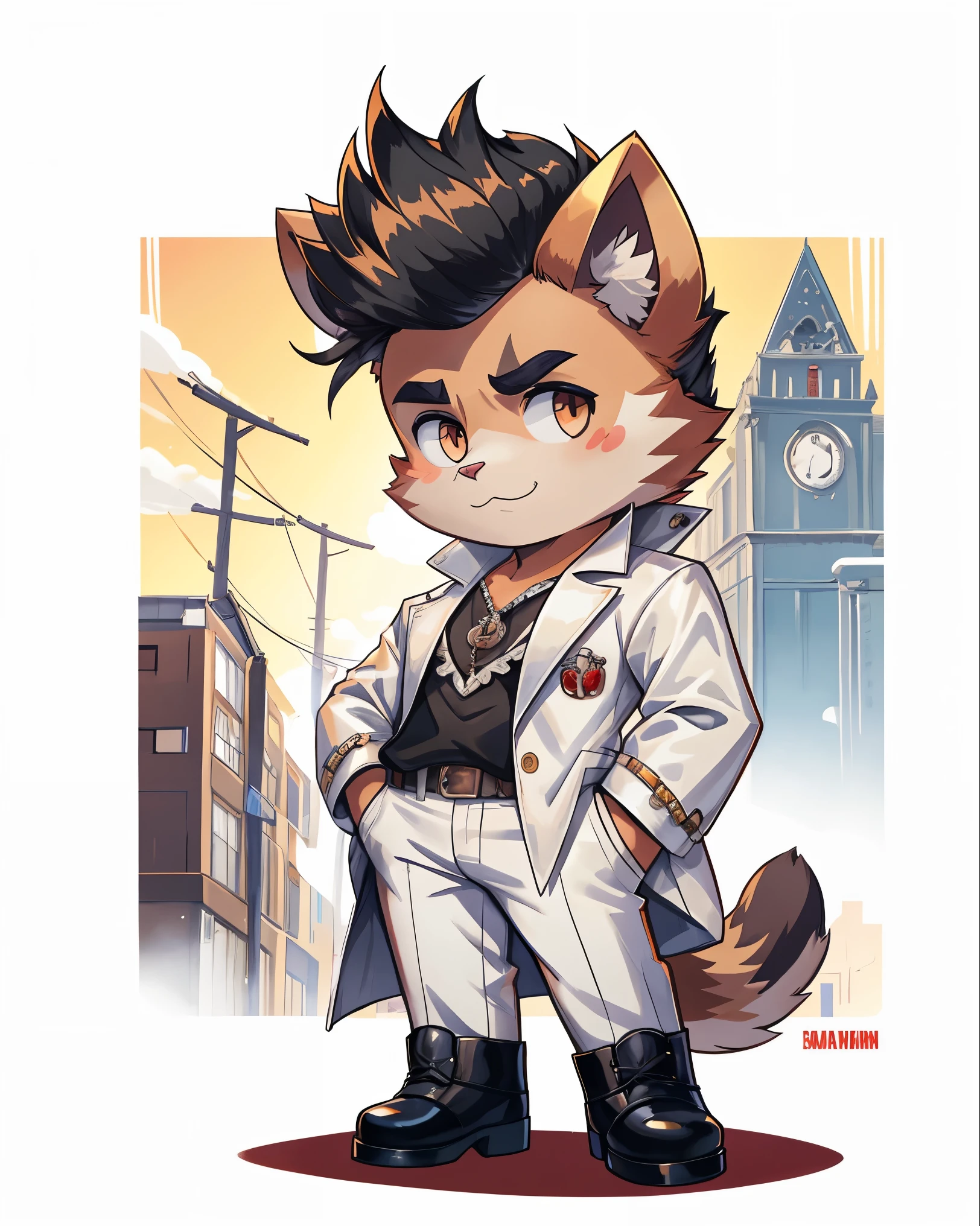 Cat wearing white suit, cowboy boot and have a pompadour, dressed as Elvis Presley, rock n roll, chibi, standing, stunning style. background classic red car.