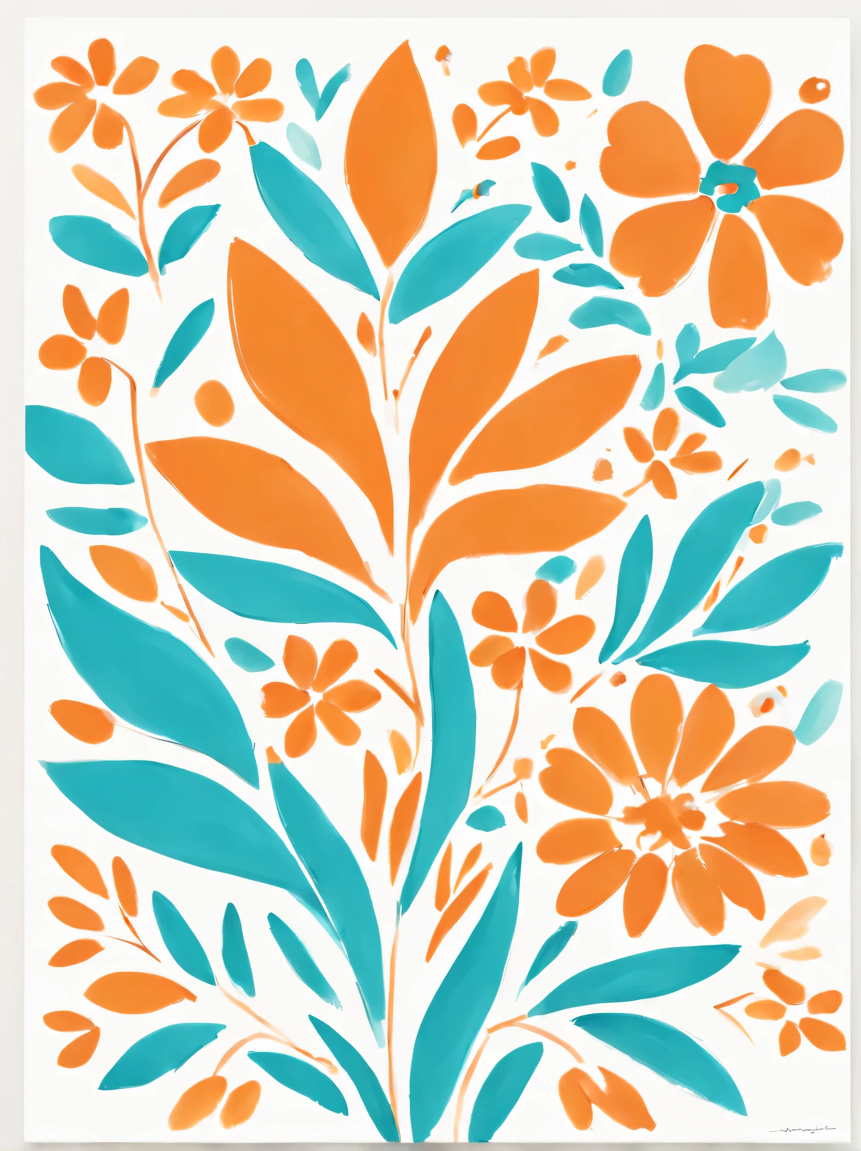 pleasing fun boho energetic strong floral abstract shape matisse artwork white background orange turqoise