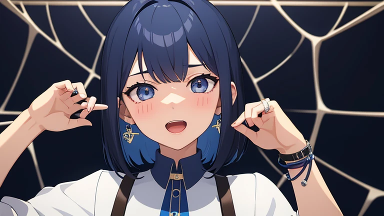 masterpiece、best quality、1 girl、Upper body、bangs bangs、short hair、Blue mesh conner color hair、Demonic、laugh at、blush、open your mouth、tooth、stylish earrings、ring accessories、Put your hands on your face、put one&#39;s hand forward、spider pattern background