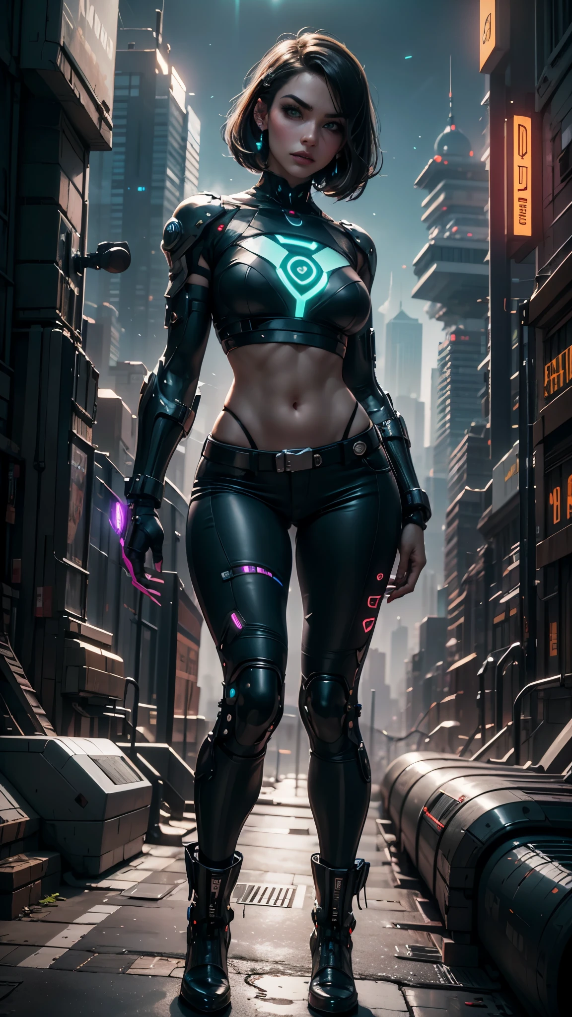 Imagem realista super detalhada], [obra-prima], Alison Tyler como uma cyberpunk com cabelo loiro curto e espetado, bright green eyes and a circuit tattoo on the neck. Ela usa um casaco de couro preto com detalhes em neon, uma lingerie branca rasgada, a pair of grey jeans and black boots. She has a bionic arm with metal claws and a neural interface implant in her right temple. She holds a laser pistol in her left hand and a holographic device in her right hand. She's on a top of building in a futuristic night city, watching the skyline at night of the cyberpunk city below in the background, surrounded by tall buildings, Tecidos gigantes, carros voadores e pessoas de diferentes estilos e etnias. She has a confident and defiant expression, como se estivesse pronta para enfrentar qualquer perigo.