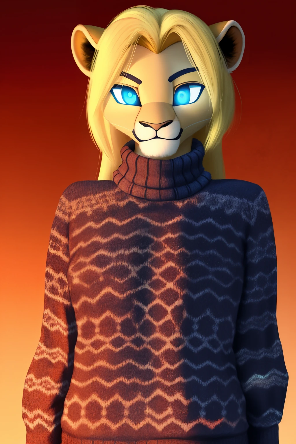 android wife, lioness anthro, blonde hair, blue eyes, glowing eyes, sweater, 3D Disney style