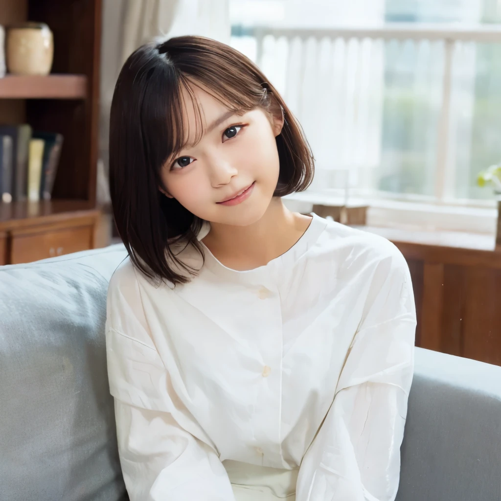 best image quality、highest quality、masterpiece、ultra high resolution、8K、immature、realistic:1.4、professional lighting、cute high school girl、baby face、very short hair、thin、Moderate size chest cup bust、smile、wearing a white tight long-sleeved T-shirt、wearing denim overalls in the living room、Sitting on a white sofa