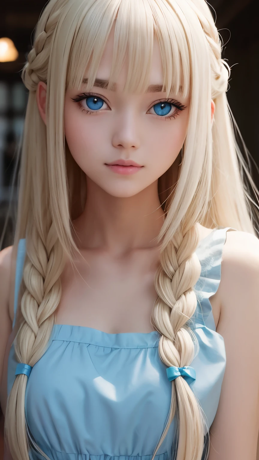 bright look、photorealism、highest quality、Super high resolution、picture、Photo of an exquisitely beautiful Scandinavian girl、extraordinary beautiful girl、cute and beautiful face details、(Pueros face_v1:0.008)、beautiful bangs、alice in wonderland、18-year-old、Shining white skin、hair run that extends to the face、bangs between the eyes、super long hair、Attractive light and dark platinum blonde super long straight silky hair、thin hair、Charming shining beautiful bright clear light blue big eyes、white apron、yellow dress、eyeliner、double eyelid、rich bust