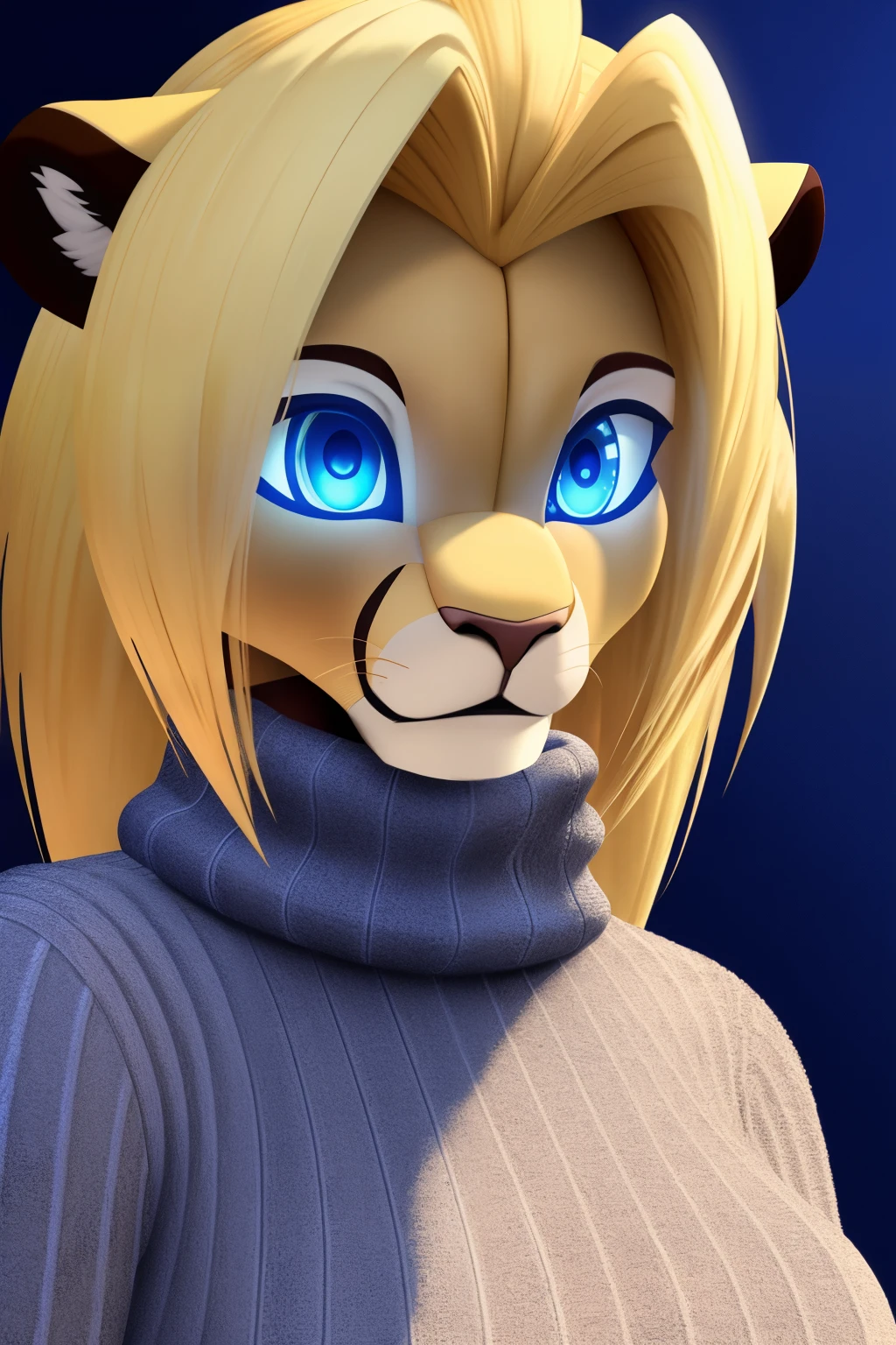 android wife, lioness anthro, blonde hair, blue eyes, glowing eyes, sweater, 3D Disney style