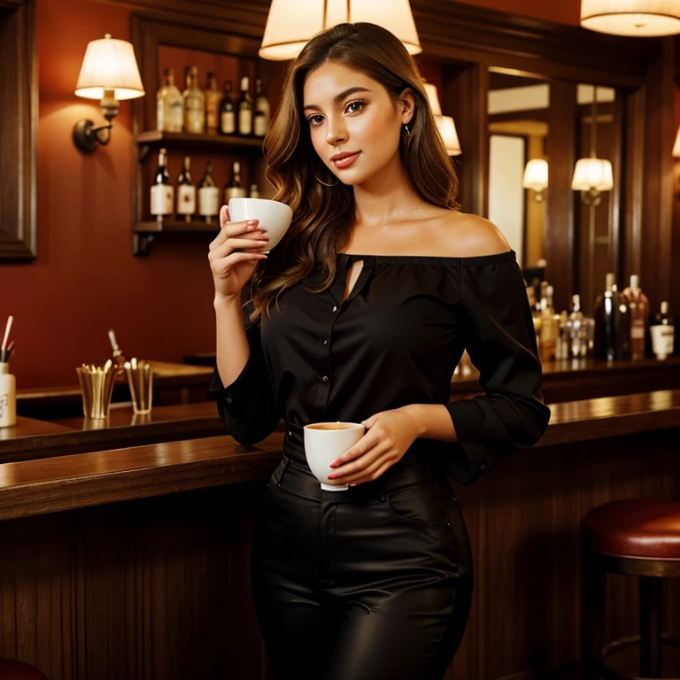 Femme très belle réaliste, standing in a bar, sipping on a steaming cup of coffee
Her long, wavy chestnut hair cascades down her shoulders, framing her charming face. Her beautiful brown eyes lock onto yours, a slight smile playing on her full lips. The dim lighting of the bar enhances her natural beauty, her fair complexion glowing in the soft light.
She wears a sophisticated red blouse, the color accentuating her yet curvy figure. A pair of fashionable black pants completes her outfit, adding an air of sophistication and confidence. Her black stilettos click against the tiled floor as she takes another sip of her coffee