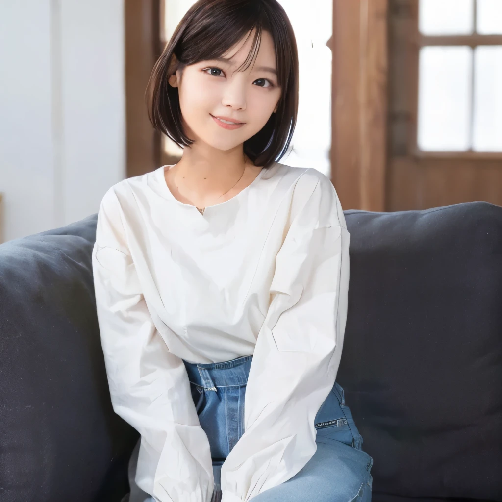best image quality、highest quality、masterpiece、ultra high resolution、8K、immature、realistic:1.4、professional lighting、cute high school girl、baby face、very short hair、thin、Moderate size chest cup bust、smile、wearing a white tight long-sleeved T-shirt、wearing denim overalls in the living room、Sitting on a white sofa