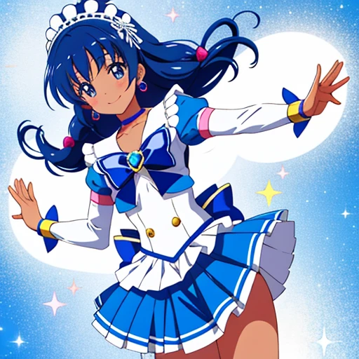 anime, magical girl, happiness charge precure, pretty cure, black skin, African American, giant braided ponytail winds swings around, blue skirt with winding pleats, brooch on chest, thick curly ribbons from bottom of brooch, black and white top, posed in ballet fourth position, 1girl, smile, (magical, magnificent, masterpiece:1.3)