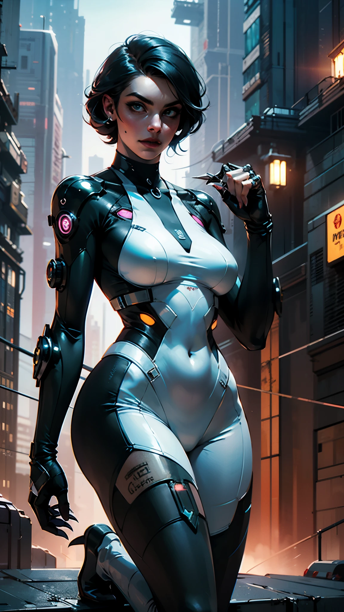 Imagem realista super detalhada], [obra-prima], Alison Tyler como uma cyberpunk com cabelo loiro curto e espetado, bright green eyes and a circuit tattoo on the neck. Ela usa um casaco de couro preto com detalhes em neon, uma lingerie branca rasgada, White Swinsuit cyberpunk and long white boots. She's on a top of building in a futuristic night city, watching the skyline at night of the cyberpunk city below in the background. She has a bionic arm with metal claws and a neural interface implant in her right temple. She holds a laser pistol in her left hand , carros voadores e pessoas de diferentes estilos e etnias. She has a confident and defiant expression, como se estivesse pronta para enfrentar qualquer perigo.