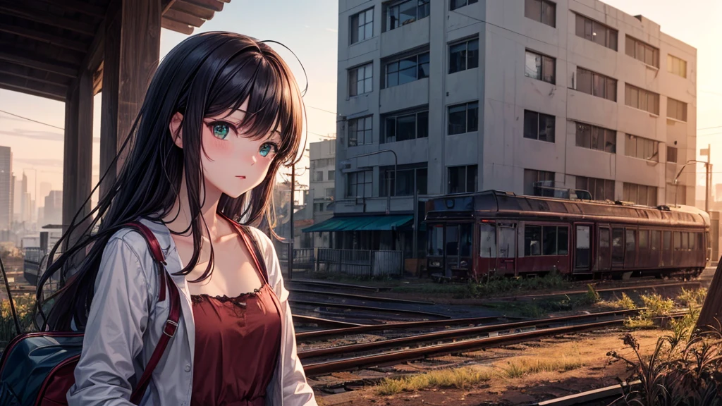 (best quality, 4k, 8k, highres, masterpiece:1.2), ultra-detailed, abandoned destroyed city covered with vegetation on background, sunset, railroad between buildings, vine, anime girl in castoffs close to camera, ash hair, green eyes, look at viewer, torn clothes.
