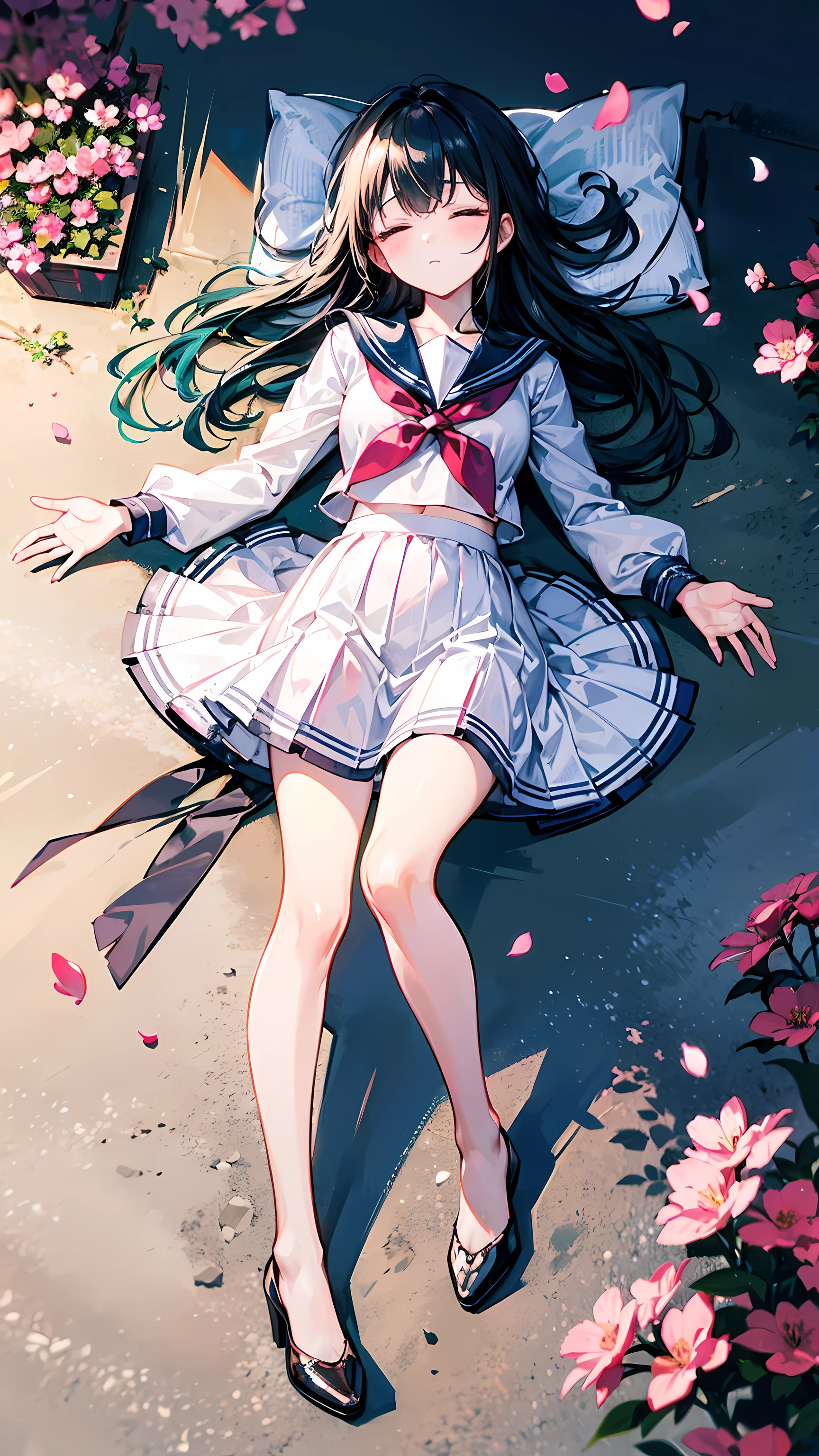 (Film portrait photography,Full body image,Beautiful two-dimensional wallpapers)(Soft professional lighting,35mm film,Tyndall effect)(Beautiful girl of :1.6,clavicle:1.4,blush:1.2,Wearing sailor suit and jk skirt:1.5,Exquisite waist-to-hip ratio:1.6,White and long legs:1.3,plump figure:1.5,Wearing a bow:1.4,Lovely white:1.3,French bangs:1.4,long hair:1.2,Sleeping on the lawn with open hands:1.6)(Petals distributed on girl's body'Body:1.5,take off your high heels,The picture is very neat :1.5)