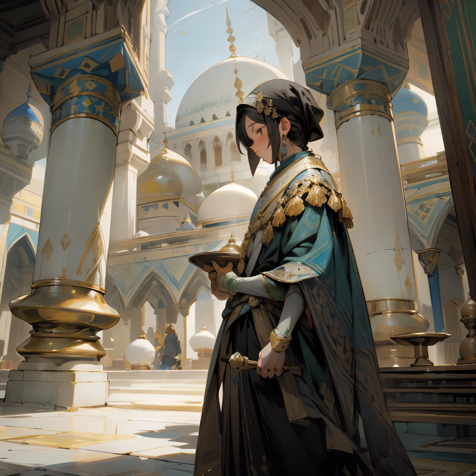 "An ultra-detailed Islamic-themed masterpiece unfolds before us, radiating tranquility and elegance. The main subject of the artwork is a magnificent mosque, intricately designed with geometric patterns and adorned with colorful tiles. The serene atmosphere is captured through soft lighting and a clear, blue sky. The intricacies of Islamic architecture are showcased, with domes, minarets, and arches, all rendered in the highest quality.
Vibrant and rich colors, reflecting the traditional hues of blue, green, and gold, bring the scene to life. Each detail is meticulously painted using ultra-fine techniques, with a sharp focus on every