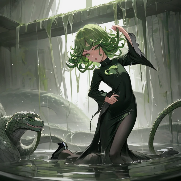 {{{tatsumaki}}}, {one punch man},
{{{{amazing quality, great quality, high quality, very aesthetic, aesthetic, best quality}}}},
realistic, photo, shadow, Three-dimensional, absurdres, Digital art,
{{{{Magical girl}}}}, beautiful girl, one girl,
green hair, shiny hair, green eyes, slanted eyes, big eyes, round eyes,
{{flat chest}}, {{small breasts}}, {{detailed body}}, slim thighs, thin thighs,
black tight dress, long skirt, {{side slit skirt}}, {{skirt with pointed hem}},
sleeves are wide open, {{{collar up, raise one's collar, dress that opens to the chest}}},
A trench coat-like dress with an upturned collar
black high heels, bare hands, {{{barefoot}}}, don't wear tights,
No panties, no bra, distress, resistance, defeat, inferiority, absurdres, aroused, sexual pleasure, troubled face, shy,
orgasm, sensitive body, Sweat, trembling, torn clothes, wet clothes, melted clothes, transparent clothes, damaged clothes, snake bath, A big snake squeezes a girl, 大